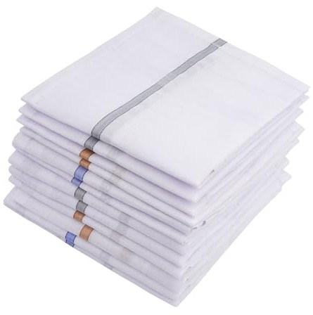 Namaste Trends 100% Cotton Mens Handkerchiefs - 16 x 16 Pocket Square Hankies for Wedding, Business or Daily Use (12, White Design 3)
