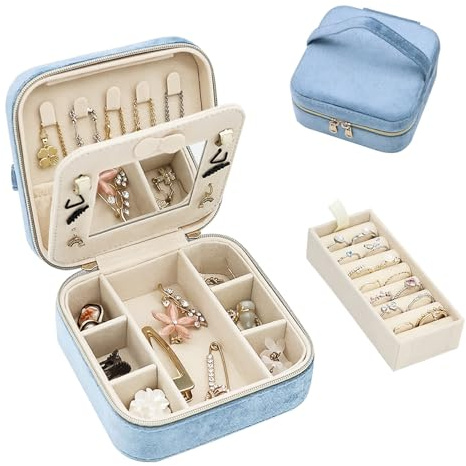 Boxudeli Schmuckkästchen Reise, Schmuckkasten aus Samt mit Spiegel, kleine Schmuckaufbewahrungsboxen für Frauen, Schmuckschatulle für Ringe, Ohrringe, Halsketten und Armbänder (Nebelblau)