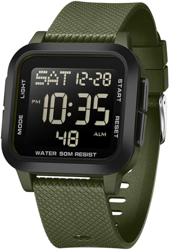 findtime Digitaluhr Herren Große Ziffern Armbanduhr Herren Damen Digital LED Sportuhr Eckig 5ATM Wasserdicht 12/24H Zwei Zeitzonen Outdoor Countdown Uhr Sport Armbanduhren Jungen Military Watch