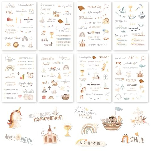 Legezon Sticker Set für Kommunion, Konfirmation und Taufe – 8 Stickerbögen mit über 200 Motiven für Gästebuch, Scrapbook, Karten, Fotoalbum, Basteln und Deko