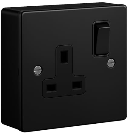 SHPELEC® Matt Black Metal Switch and Socket Range with Surface Mount Back Box – Sleek, Durable, and Easy to Install (1 Gang Socket + Back Box, Screwed Version)