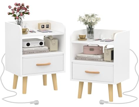 CHOWGOLI Set di 2 comodini con presa e funzione di ricarica, tavolino piccolo con cassetto in tessuto e scomparto aperto e 4 gambe in legno, stile scandinavo, colore bianco, 40 x 30 x 55 cm