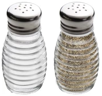 2oz/60ml Ribbed Salt and Pepper Shaker Multihole Glass Pot Condiment BPA Free Screw Top Lid (Set of 2)