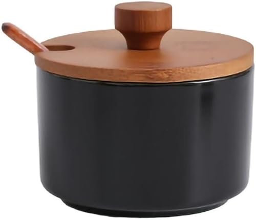 PGPAYH Sucrier, récipient à Sucre, Pot à Sucre, sucrier en céramique Vintage avec Couvercle et cuillère en Bambou, récipient à Sucre, Pot à Sucre for comptoir de Cuisine,(Black)