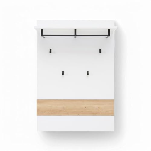 MEMPHIS Garderobenpaneel Weiß Artisan Eiche Optik 80 x 118 x 30 cm (B/H/T) | Wandgarderobe mit Hutablage, Kleiderstange, 4 Haken für Jacken und Taschen, mattes Weiß und Artisan Eiche Dekor, Garderobe
