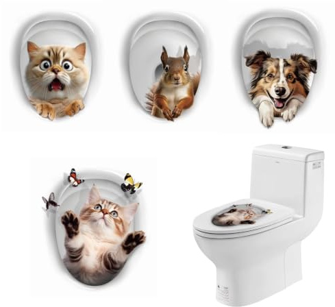 PIMXL Stickers Abattant WC, Lot de 4 Stickers Toilette avec des Animaux Mignons, Muraux De Salle De Bains Étanche Amovible Mur Animal Affiche De Voiture, Autocollant 3D en Forme De Chat Mignon