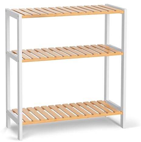 VASMIA Badezimmerregal, Badregal, Küchenregal, Schuhregal Schmal mit 3 Ebenen, Standregal aus Bambus, 26 x 60 x 66 cm, für Bad, Wohnzimmer, Flur, Küche,Schlafzimmer, Balkon,Weiß+Natürlich