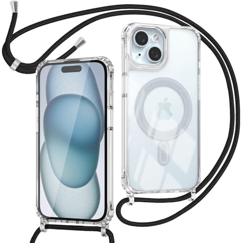 ZYIMOU für iPhone 15 Hülle mit Band Kompatibel mit MagSafe, Transparent Magnetische Handyhülle mit Kordel zum Umhängen Handyband Stossfest Schutzhülle，Kette Schwarz