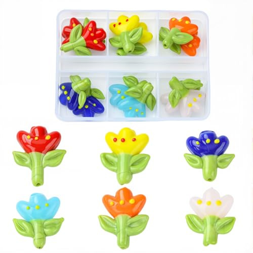 PONABEADIY 1 Box 18.5MM 12PCS Tulip Flower Leaf Beads with Holes Floral Loose Spacer Glass Colourful Bead Bulk for Jewellery Making Spring Summer Earrings Bracelets Necklace Decor DIY Craft Supplies