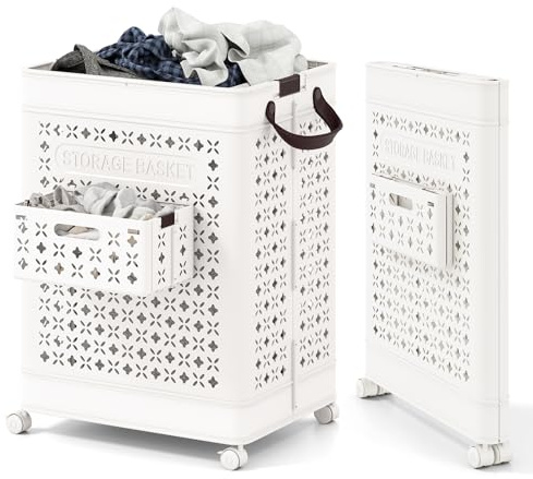 COSTWAY Cesto della Biancheria Sporca Pieghevole 75L, Cesto in PP Impermeabile con Cestino per Intima, 4 Ruote & Maniglie Ergonomiche, 43,5x34x61 cm, Ideale per Bagno e Lavanderia