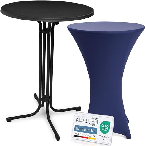 Beautissu Stehtisch klappbar 80cm mit Stretch Stehtischhusse Outdoor | Schwarz Blau kratzfest UV- und wetterbeständig Husse rutschfest waschbar und bügelfrei Schwarzer Bistrotisch Bellini & Stella