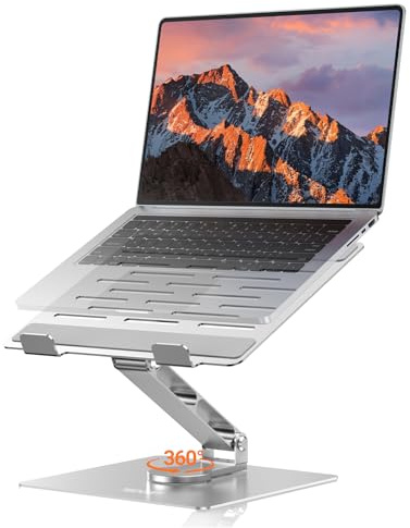 TECKNET Laptop Stand for Desk, Foldable Laptop Riser with 360° Swivel Base, Adjustable Height & Angle, Ventilated Portable Laptop Holder for 10-17 Laptops, MacBooks & Tablets - Silver