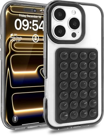 Altartar Custodia per iPhone 16 Pro Max con ventosa rimovibile, in silicone, trasparente, antiurto, sottile, trasparente, antigraffio, bumper cover per iPhone 16 Pro Max 6.9, nero01