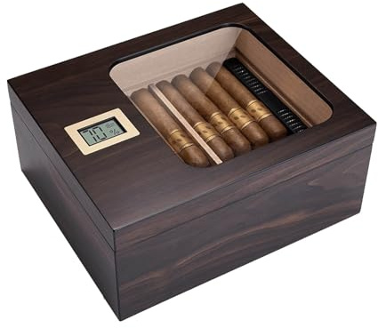 Cigarrfodral, cigarrförvaringslåda, resehumidor, 1 st med hygrometer och luftfuktare, glaslock for 55 cederträtillbehör(Walnut Grain)