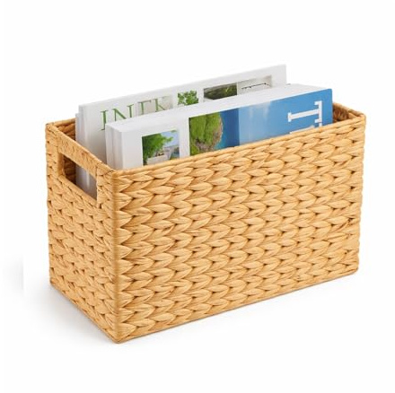 Winhub Magazine Rack Handwoven Water Hyacinth Magazine Basket, Slim Wicker Storage Organizer with Handles, Natural Narrow Magazine Holder for Living Room, Home Office & Desk, 39 x 14 x 24.7 cm