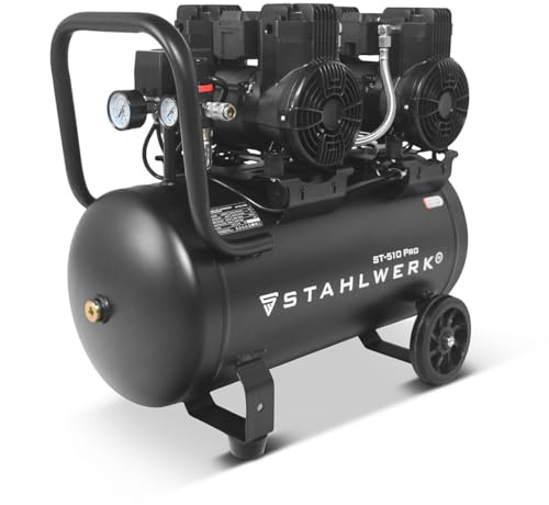 STAHLWERK Compresseur avec cuve 50 L (ST-510 Pro) – sans huile & silencieux, 10 bar, 3,94 CV, 2,9 kW, 500 l/min, 70 dB, compresseur d'air avec moteurs sans balais, compresseur à pistons silencieux