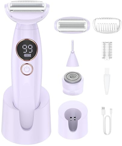 Rasoi da donna 3 in 1, per la rimozione dei peli del viso, bikini da donna con display a batteria a LED, rasoio elettrico bagnato e asciutto, uso 120 minuti, per gambe ascellari, stazione di ricarica