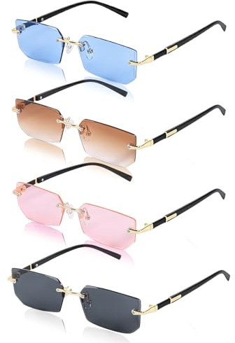 CAINCAY Rahmenlose Rechteck Sonnenbrille, 4 Stück Retro Rahmenlose Sonnenbrille Vintage Retro Rave Brillen Square Rimless Sunglasses für Damen Herren