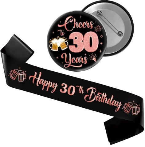30. Geburtstag Deko Schärpe Frau - 2 Stück Rose Gold mit Happy 30th Birthday und Cheers to 30 Years Button für 30 Jahre Frauen Party Geschenk Accessoires