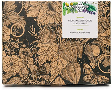 Magic Garden Seeds - Küchenkräuter für die Fensterbank - Samen Geschenk Set mit 5 Kräutersamen - Kräuter Anzuchtset mit Basilikum, Petersilie, Pfefferminze, Orangenthymian und Schnittlauch