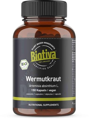 Biotiva Wermutkraut Kapseln Bio 150 Stück - 400mg - Wermut - Garantiert ohne Zusatzstoffe - Abgefüllt und kontrolliert in Deutschland (DE-ÖKO-005)