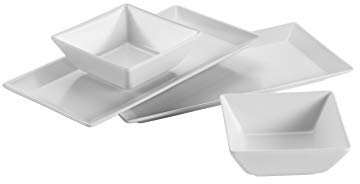Mäser 931363 Schale/Platten rechteckige Teller und 2 quadratische Schüsseln in Weiß, Porzellan Geschirr Set für 2 Personen
