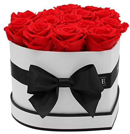 PARIS EN ROSE Rosenbox HERZ | mit 13 roten Infinity Rosen Größe XL | herzförmige Box in Weiß mit Schwarz | ewige Rose | 3 Jahre haltbar | Grußkarte
