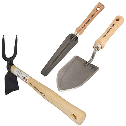 SHW-FIRE Set geschmiedete Blumenkelle, kurzer Unkrautstecher, Häulein Hacke | Für Hochbeet & Gartenarbeit | Kurzer Eschenholzstiel | Präzises Pflanzen, Jäten & Unkraut entfernen | Schmiedequalität
