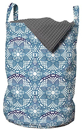 ABAKUHAUS Blumen Wäschesack, Lace Blick Deckchen Blumen, Wäschekorb mit Griffen Kordelzugverschluss für Waschsalons, 33 cm breit x 49 cm hoch, Indigo Sea Blue