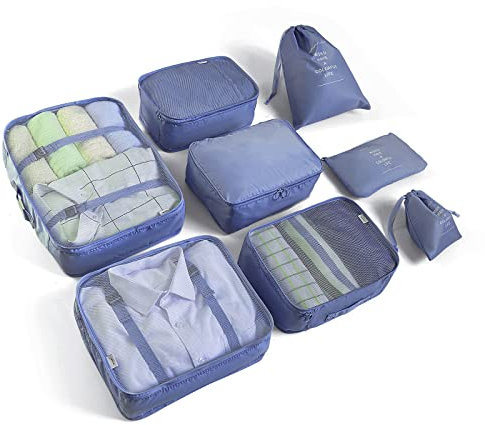 BillyBath Koffer Organizer set, Packing Cubes Kleidertaschen Schuhbeutel Reiseorganizer Packwürfel Kosmetik Travel Organizer Packtaschen für Koffer (8 teilig, Navy)