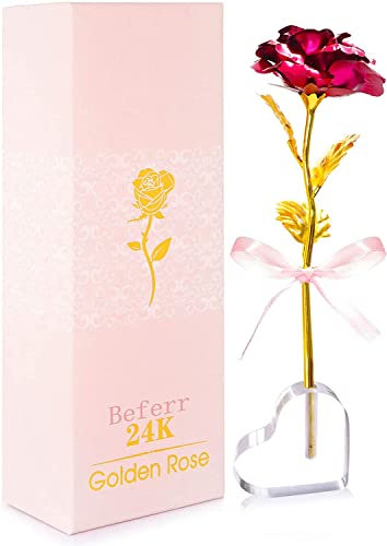 WANGZAIZAI Rosa Fiore Artificiale Placcato e Base, Rosa Eterna Regalo per Fidanzata Moglie Madre Figlia Nonna Donna a San Valentino