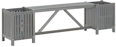 Leepesx Gartenbank mit 2 Pflanzkübeln, Holzbank, Garten Bank, Outer Banks, Friesenbank, Gartenmöbel, Parkbank, Sitzbank, Bänke & Eckbankgruppen, 150 cm Massivholz Akazie Grau