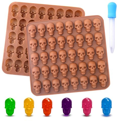 BUSOHA Gummy Skull Candy Molds Silicone, 2 Pack 40 Cavity Non-Stick Skull Silicone Molds with 1 Droppers for Chocolate, Candy, Jelly, Ice Cube, Dog Treats
