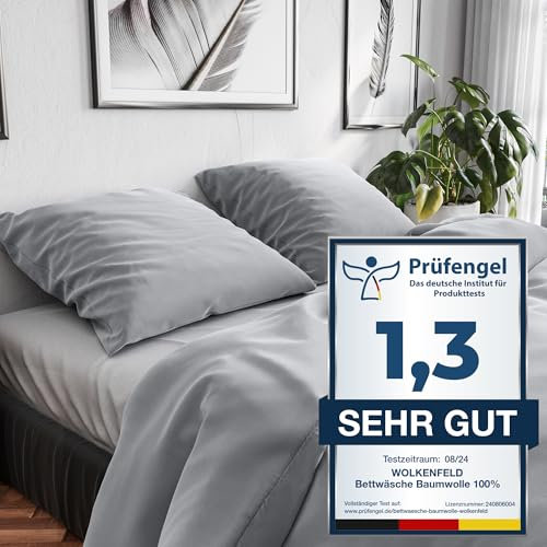 Wolkenfeld Bettwäsche 200x220 Baumwolle – Set mit 2X Kissenbezug 80x80 – Atmungsaktiv, Hautfreundlich & Pflegeleicht – Ganzjahres-Bettwäsche mit Reißverschluss, Oeko-TEX – Hellgrau