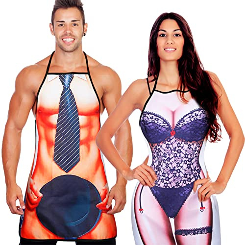 Neer 2 Stück Lustige Schürze Geschenke Set für Herren Damen Neuheit Grillschürze Muskel Kochschürze Verstellbar Wasserdichte Küchenschürze Weihnachten BBQ Party Erwachsene Paare (Spitzen Stil)