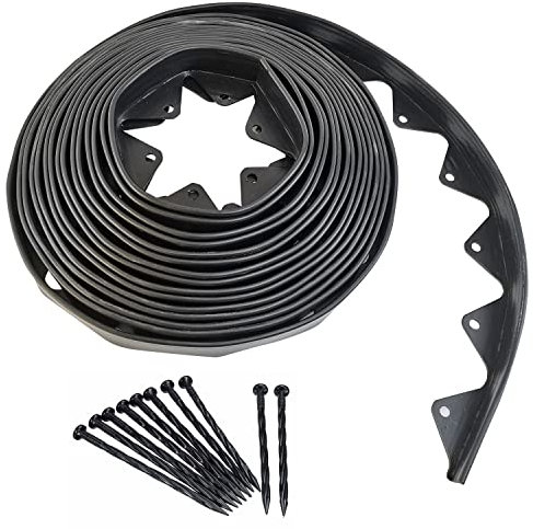 KATSU 15.2M/50FT Garden Lawn Border Edging with 35PCs Strong Securing Pegs, 42mm Height Flexible Durable Black PE Plastic Garden Edging for Outdoor Grass Flowerbeds Landscaping