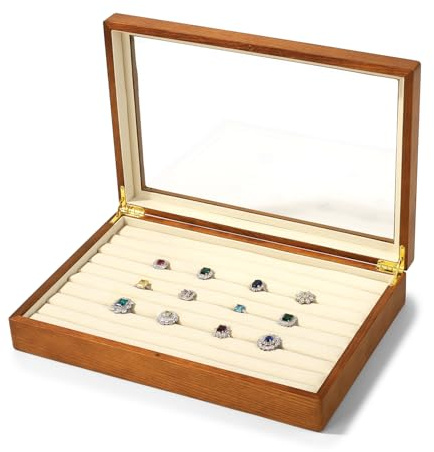 Oirlv Massivholz Glas Deckel Schmuckkästen 9 Slots für Ring Ohrringe Aufbewahrungskasten