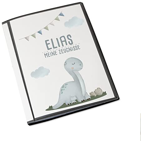 HeLLo mini Personalisierte Zeugnismappe Kinder - Personalisiertes Geschenk zur Einschulung - inkl. 20 Klarsichthüllen DIN A4 - Zeugnismappe Mädchen - Zeugnismappe Junge - hellomini (Grauer Dino)