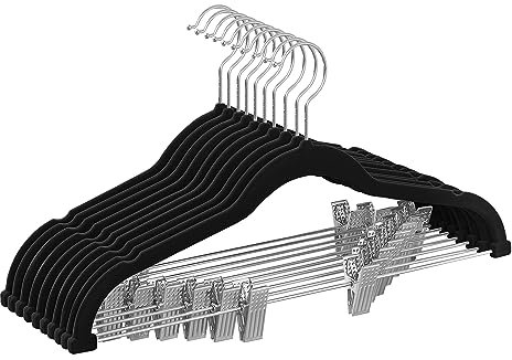 SONGMICS Trouser Hangers, Set of 10 Velvet Hangers with Adjustable Clips, 42.5 cm Long, Non-Slip, Space-Saving, for Skirts, Coats, Dresses, Black CRF012B10