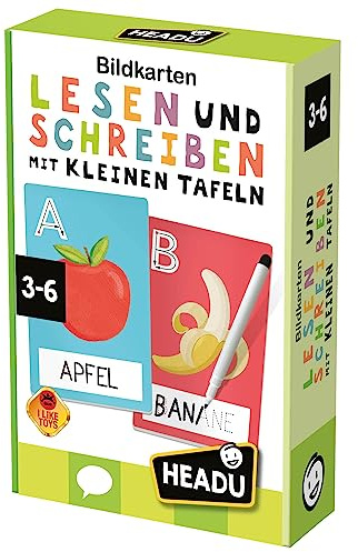 Headu Bildkarten Lesen & Schreiben Lernspiel für Kinder ab 3 Jahren | Laute entdecken, Buchstaben verknüpfen, Wörter nachfahren inkl. abwischbarer Tafel. Mit Pädagogen entwickelt DE56307