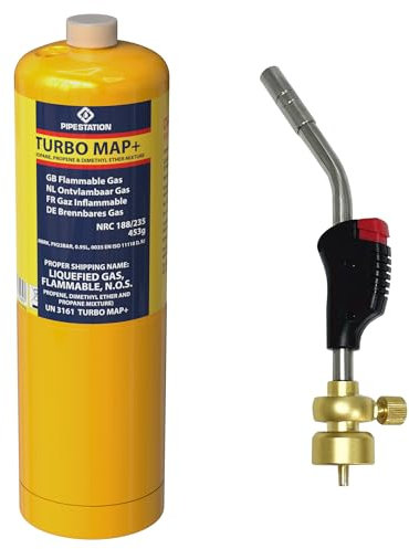 Blow Torch and 1x Mapp Gas Bottle - Gas Torch with Map Plus Pro Canister for Plumbing Soldering Brazing Thawing Heat Treatment - Quick Fire Trigger Ignition MapGas Blowtorch with MappGas Cylinder