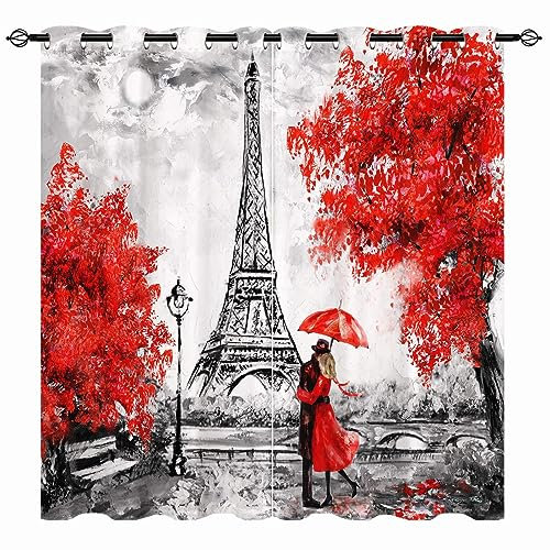 YUANZU Paris Vorhänge Ölgemälde Eiffelturm Schwarz&Weiß&Rot Ösen Gardinen Blickdichte Vorhang Kälteschutz Blackout Curtain Mädchenzimmer Schlafzimmer Verdunkelung Fenster, 2 Stück, H 137 x B 132 cm