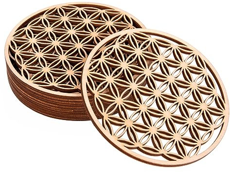 ProArts Fiore della vita - Sottobicchiere in legno, set di 8 pezzi, 10 x 10 cm per purificazione e meditazione, simboli spirituali in legno