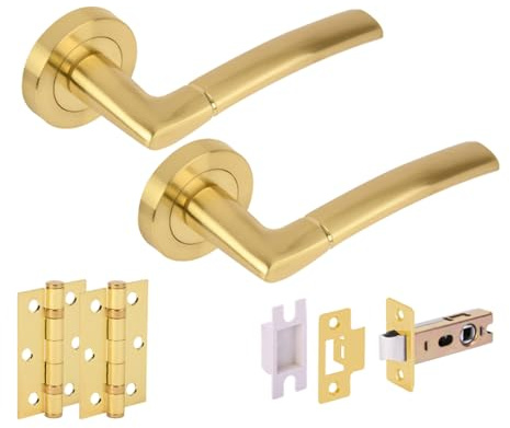 Hunta HANDLEZONE® Neemo Internal Door Handle Pack, Complete with Lever Handles, Latch, Ball Bearing Hinges - Brushed Brass