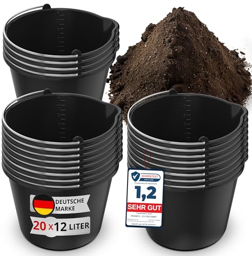 20x Oramics 12L Eimer mit Ausguss Tülle – Baueimer Kübel für Zement und Mörtel – Stabiler Wassereimer mit Skala für Haushalt, Garten, Baustellen und Landwirtschaft (20x 12 Liter Mörteleimer)