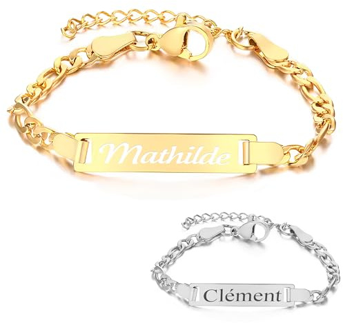 KDO MAGIC – Gourmette enfant personnalisable – Bracelet bébé avec gravure – Gourmette doré ou argentée personnalisée - Prénom gravé – Cadeau bébé, enfant, cadeau de baptême, naissance (Doré)