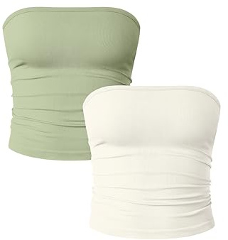 OQQ 2 Piece Ladies Strapless Side Ruched Top Boobtube Bandeau Sexy Off Shoulder Skinny Shirt Slim Fit Tops Peagreen Beige