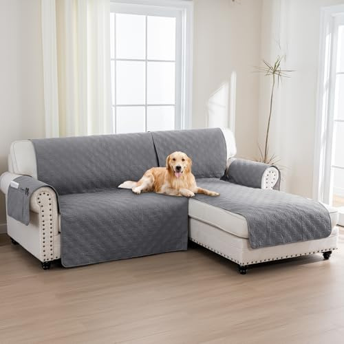 BellaHills 100% Wasserdicht Chaiselongue Sofabezug L Form(205cm), Beschützer für Rechtsarm Gesteppte Sofas, Sofa Schoner rutschfest, Grau