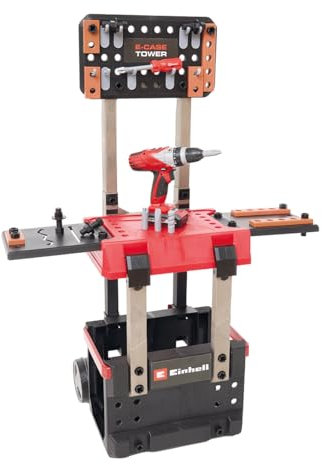 Einhell E-Case Werkbank 100-tlg., inkl. Akku-Bohr-Schrauber und reichlich Zubehör, Größe ca. 70x33,5x95 (H) cm, Die erste transportfähige und mitwachsende Werkbank für Kinder. 3 Spielhöhen