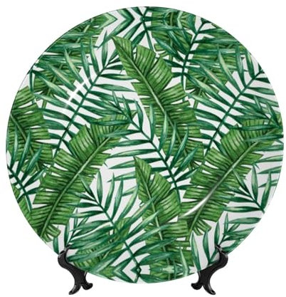 ESNAIUVCD Assiette décorative en porcelaine anglaise avec motif feuille de bananier - Assiettes rondes imprimées avec présentoir